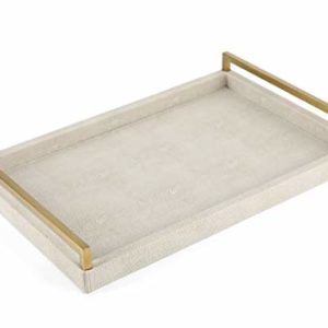 Ivory Faux Shagreen Decorative Tray with Brushed Gold Handles