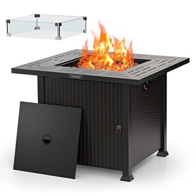 32 Inch Outdoor Propane Gas Fire Pit Table Volcanic Rock & Glass Wind Guard
