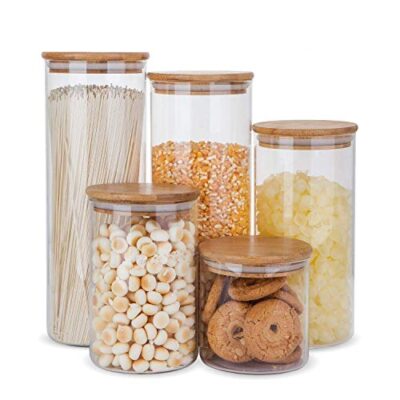 Glass Food Storage Containers with Bamboo Wooden Lids - Set of 5
