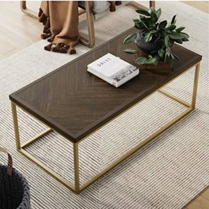 Nathan James Doxa Modern Industrial Coffee Table Wood Herringbone Pattern and Metal Box Frame, Dark Brown/Gold