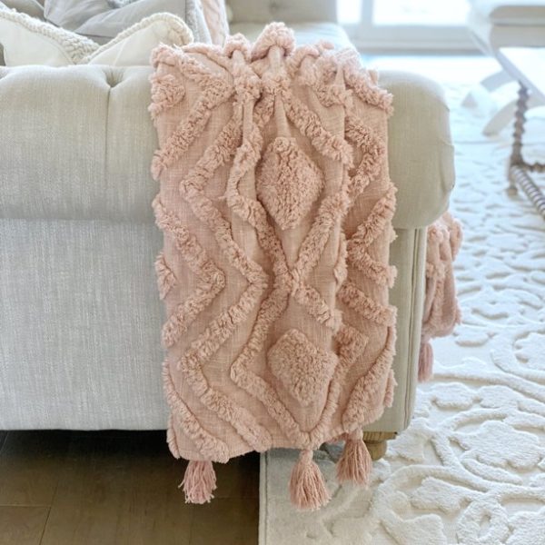 My Texas House Cameron Tufted Diamond Cotton Throw, Easy Wash, 50 x 60, Rose Smoke