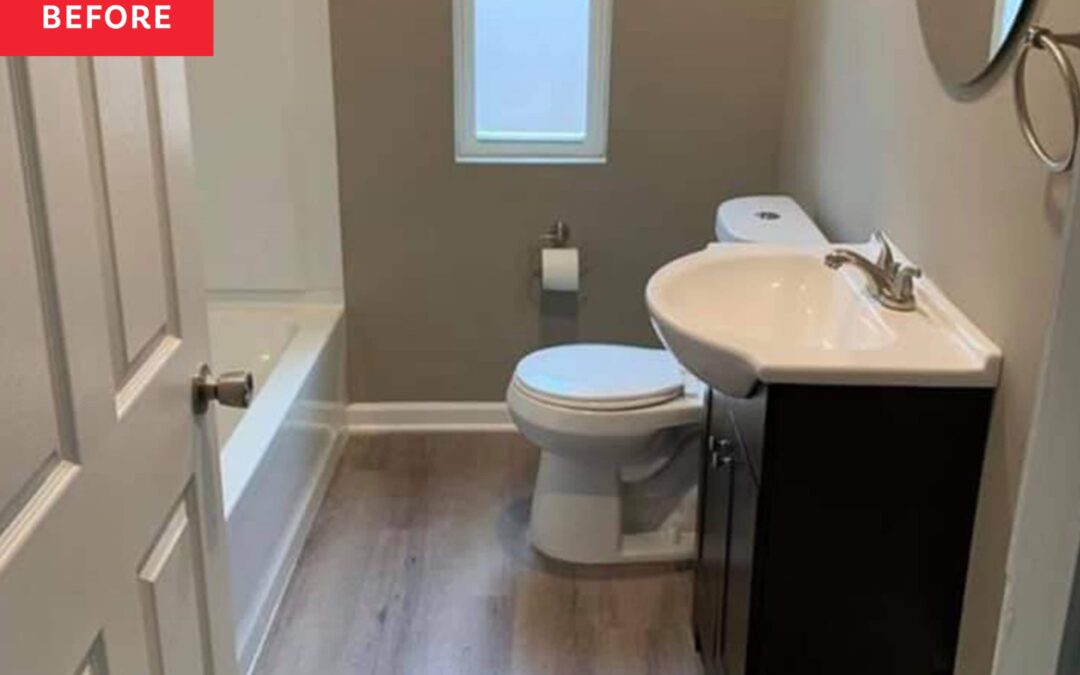A $60 DIY Stencil Wall Made a Plain Bathroom Look Like It Has Wallpaper